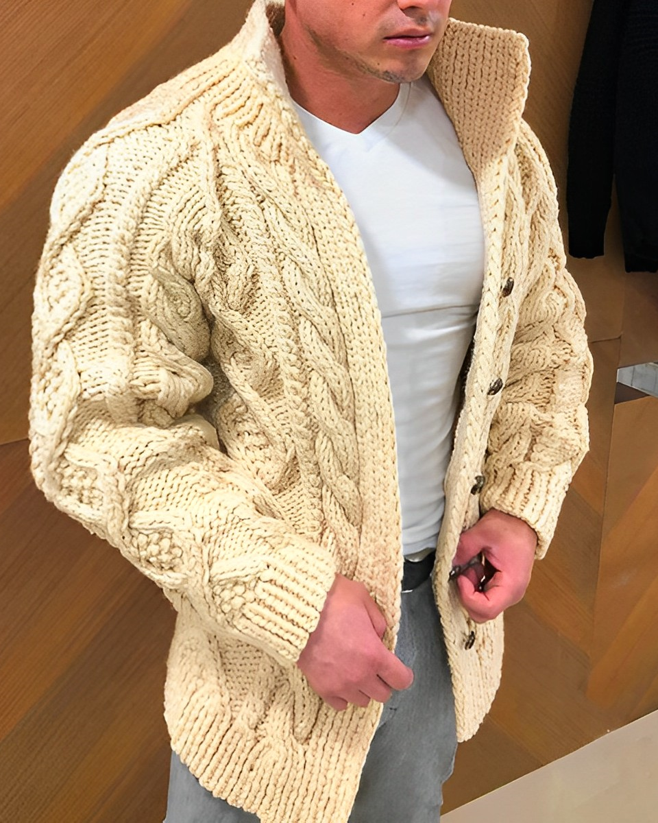 Men's Cable Knit Cardigan Buttoned Chunky Layering