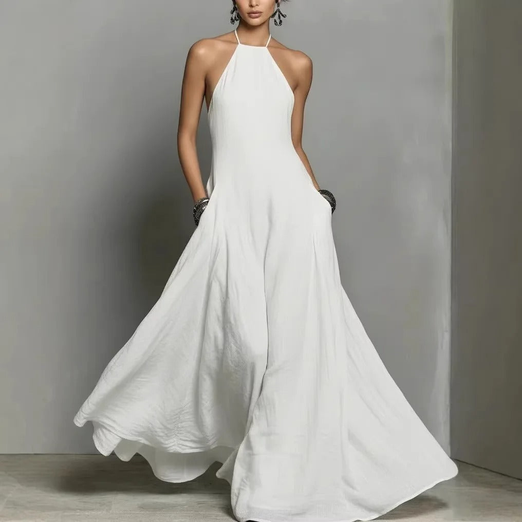 Halter Neck Sleeveless Linen Blend Maxi Dress