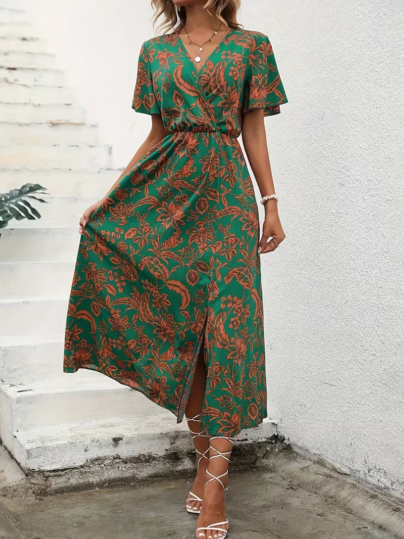 Floral Wrap Dress Midi V Neck Short Sleeve