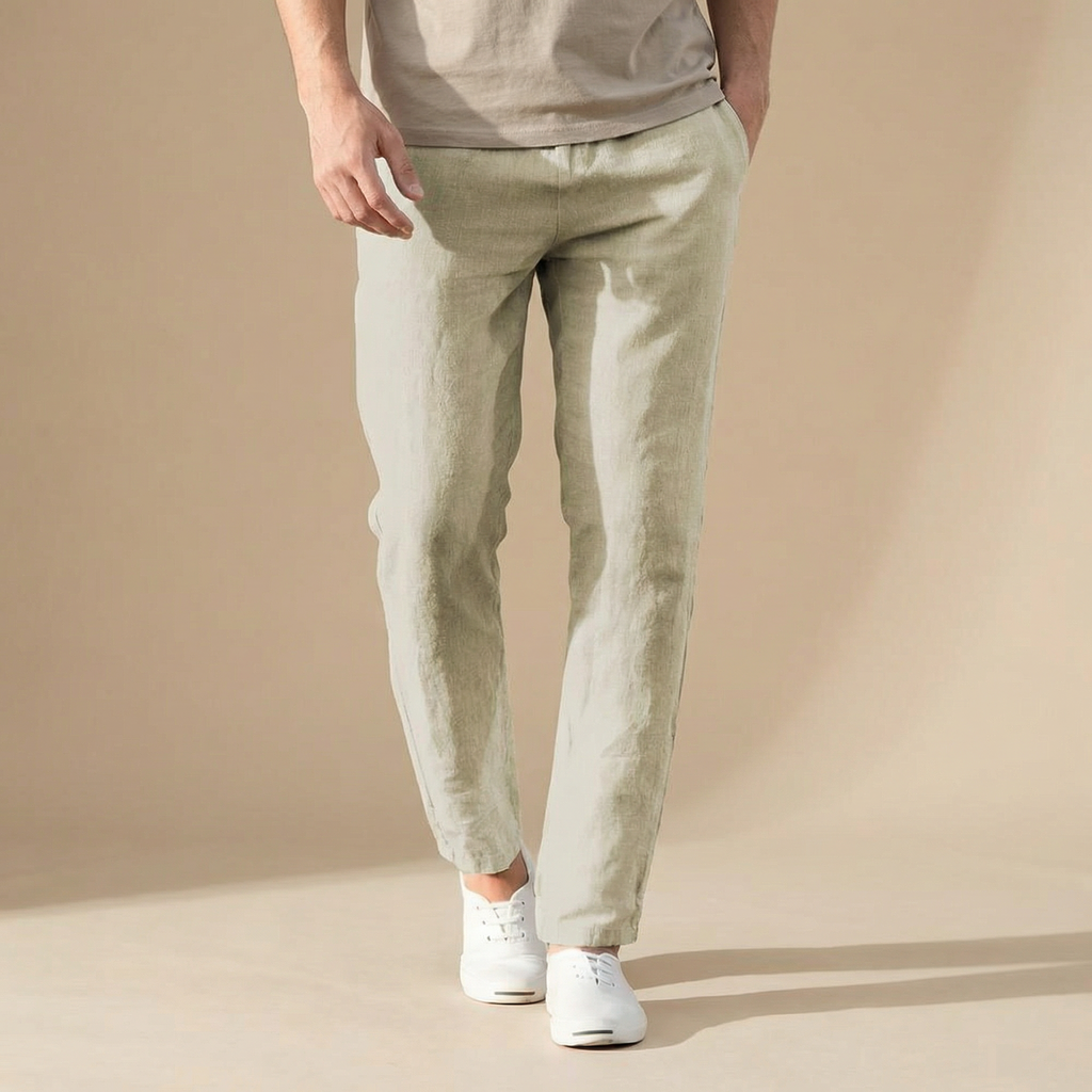 Men's Linen Summer Trousers Regular Fit Breathable Fabric Elastic Waist