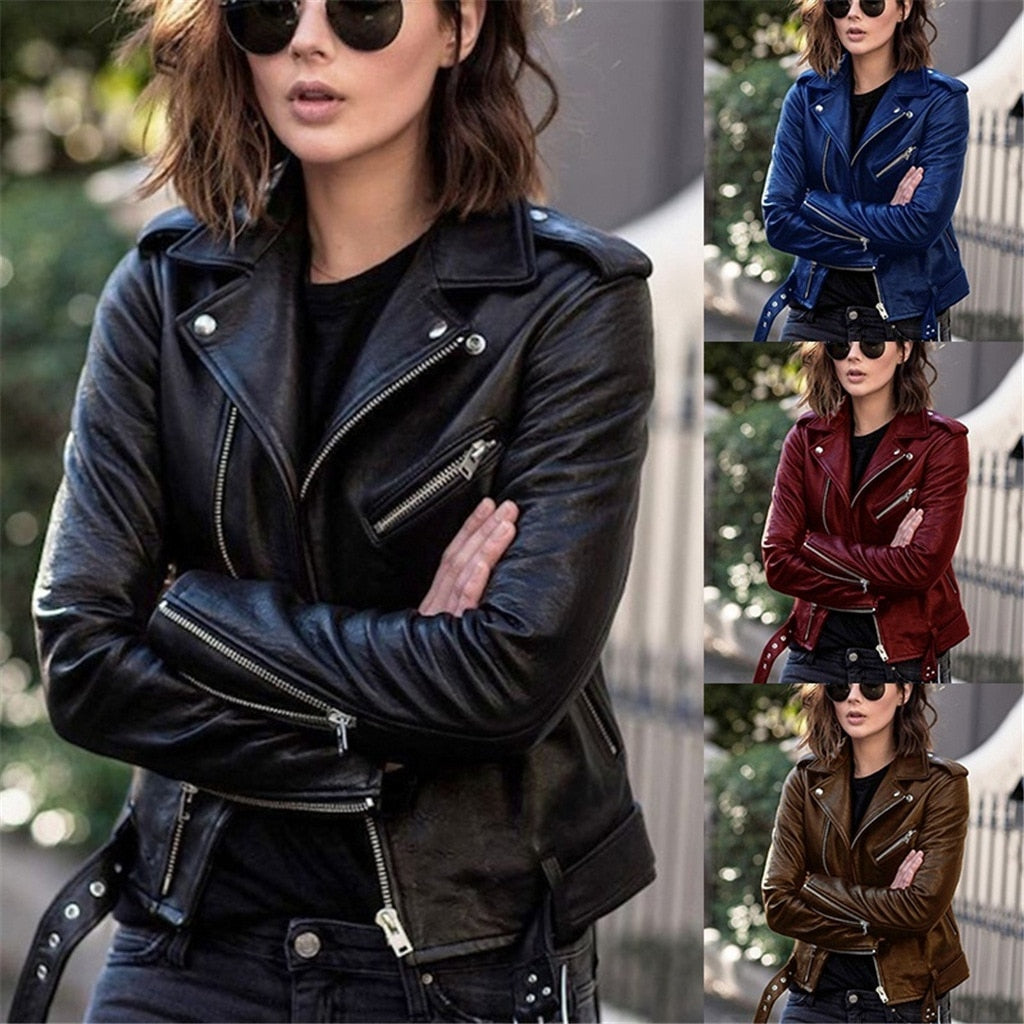 Motorcycle Jacket Faux Leather Biker Style Zip Up
