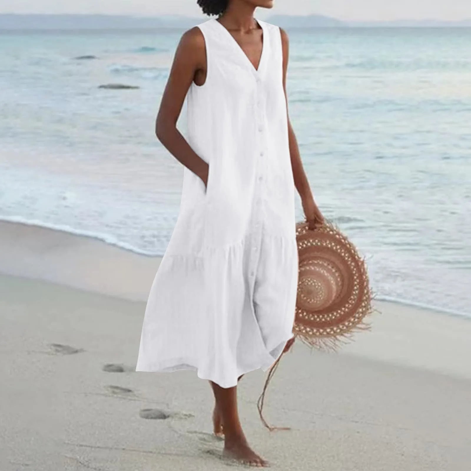 Button-Front V-Neck Midi Dress Summer