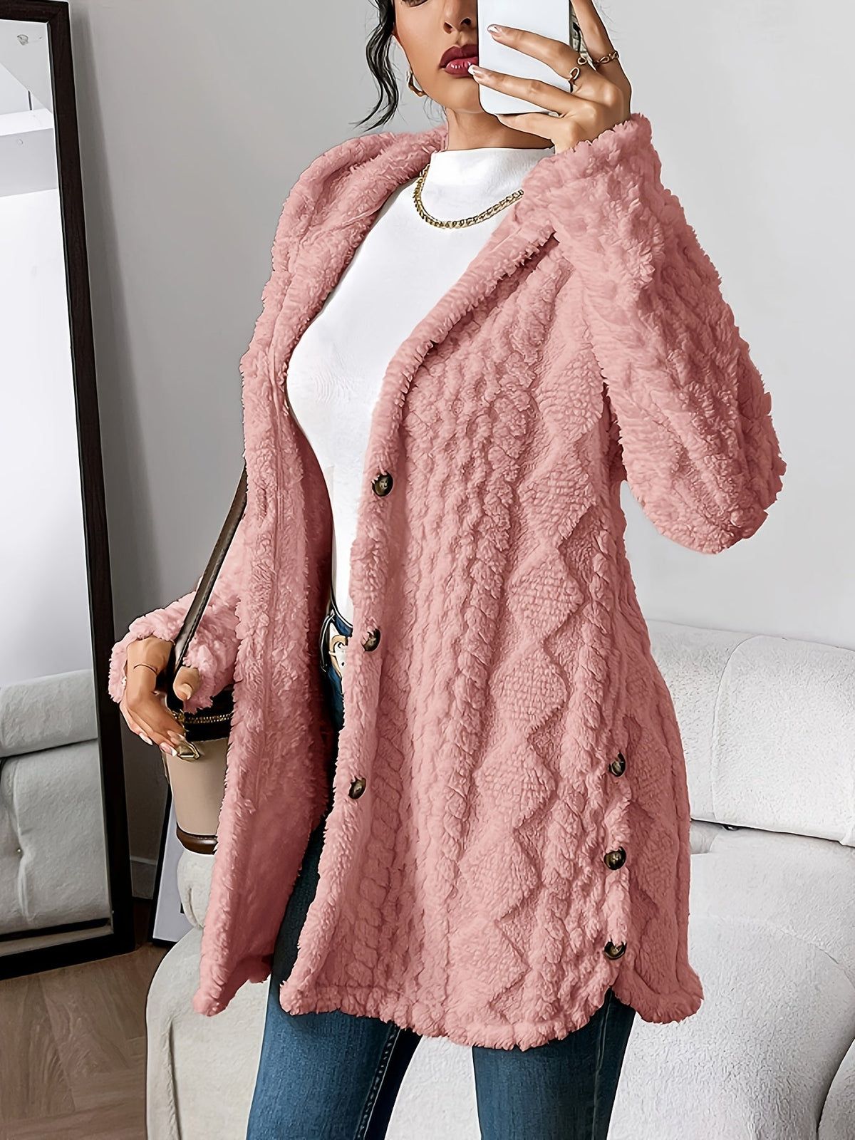 Plush Hooded Cardigan Fleece Open Front Long Sleeve Winter