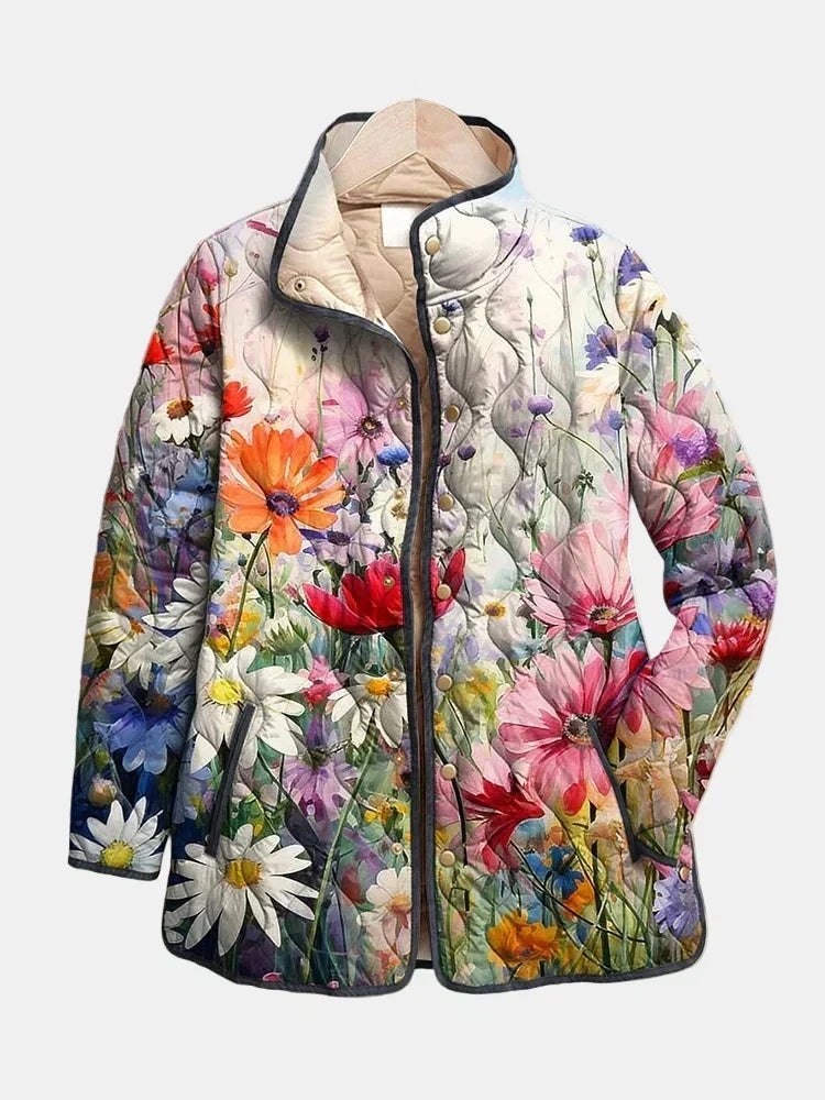 Vintage floral quilted jacket for women by Bennett and Lowe, featuring a stylish floral pattern and cozy quilted design.