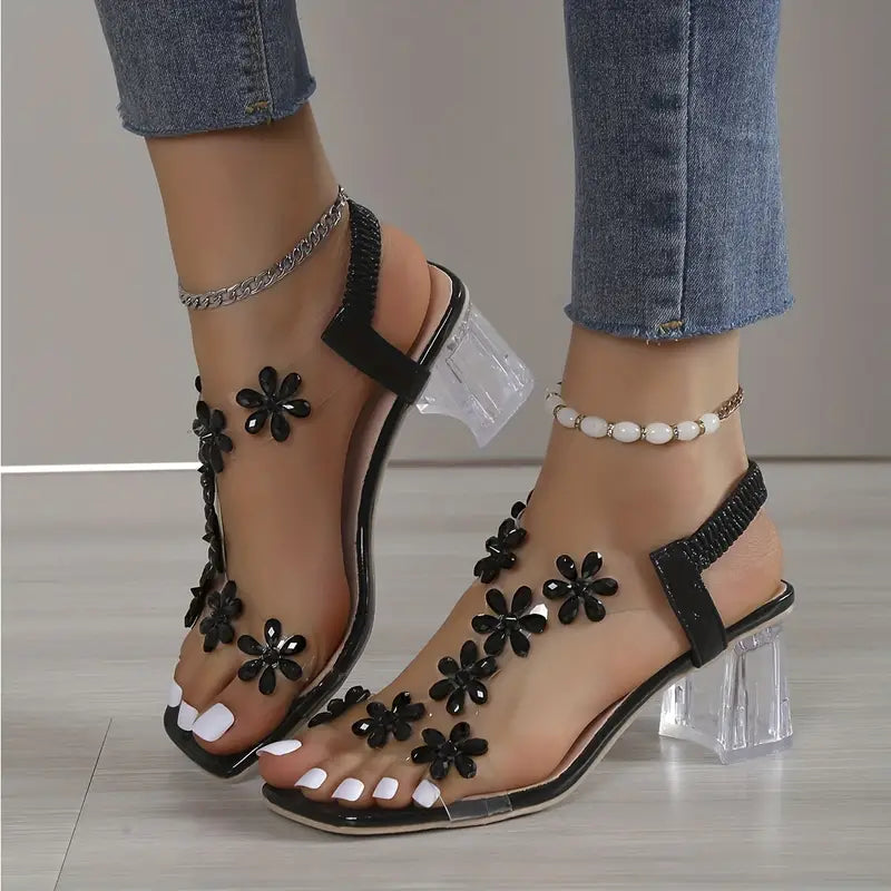 Rhinestone Block Heel Sandals Cushioned