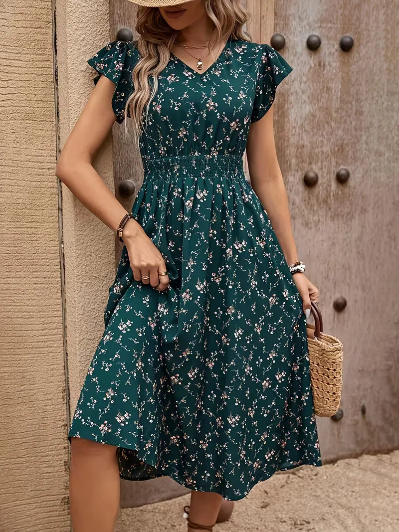 Floral Midi Dress A-Line Flutter Sleeve V Neck