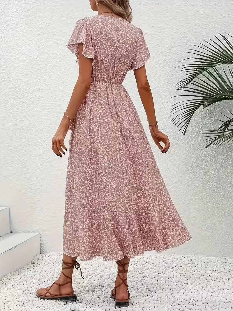Floral Wrap Dress V Neck Short Sleeve Asymmetric