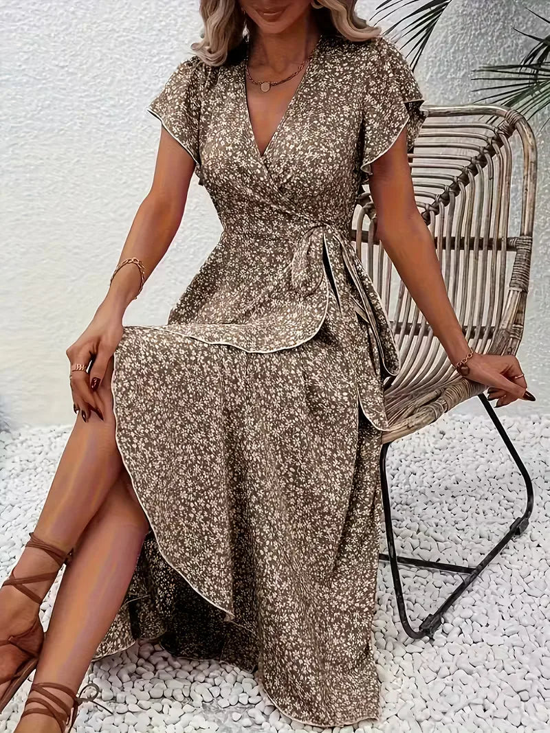 Floral Wrap Dress V Neck Short Sleeve Asymmetric