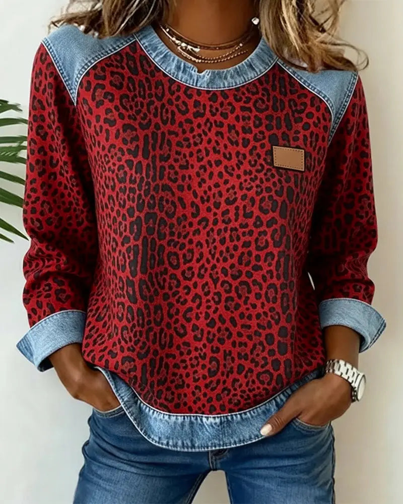 Women's Jumper Patchwork Leopard Print Denim Look Knit