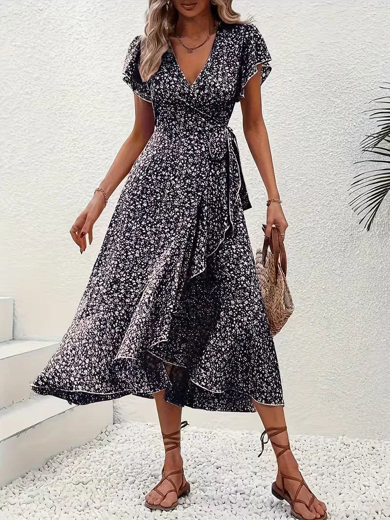 Floral Wrap Dress V Neck Short Sleeve Asymmetric