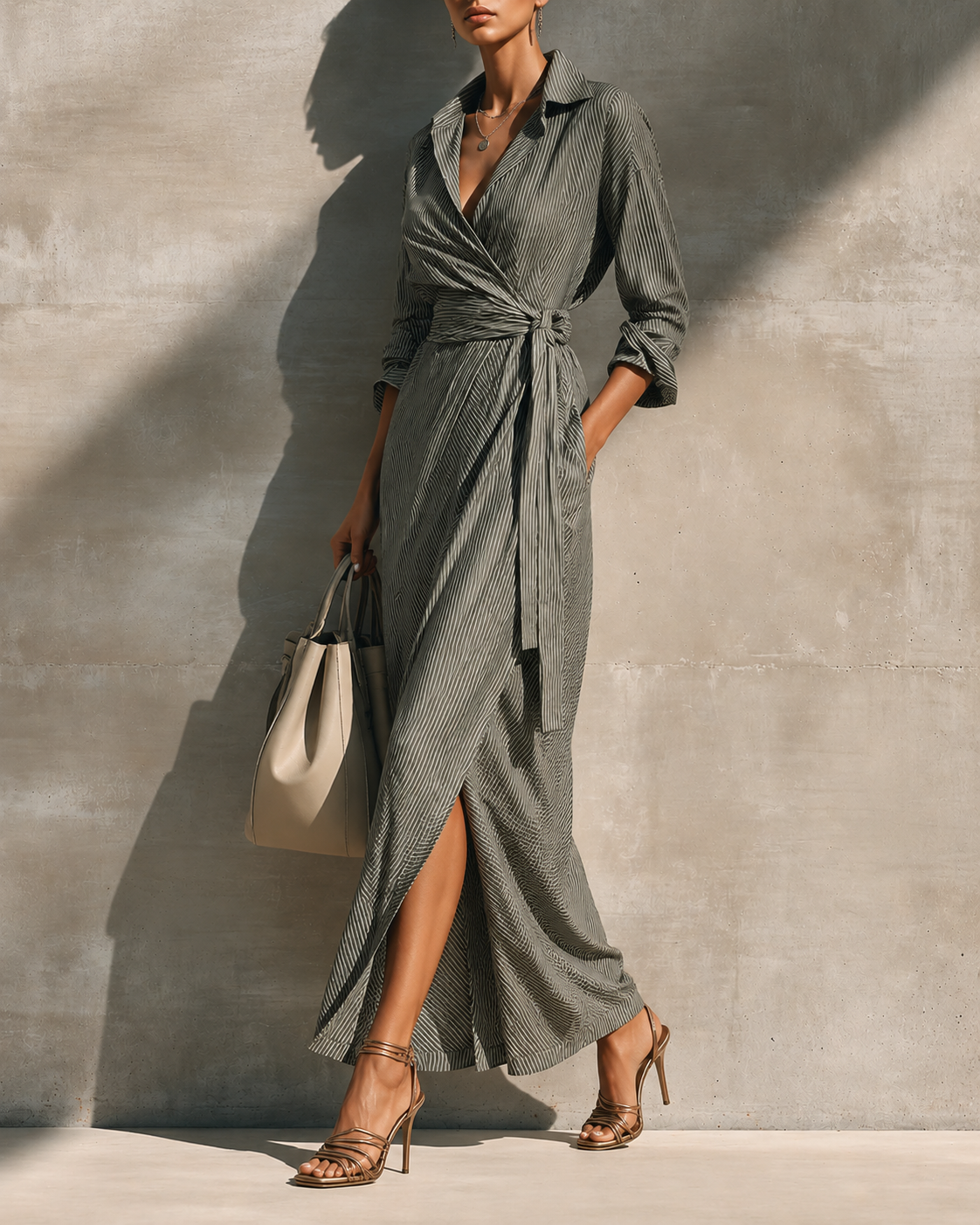Bennett and Lowe Blessie striped long-sleeve shirt maxi dress, casual abiti with horizontal blue and white stripes, full-length view