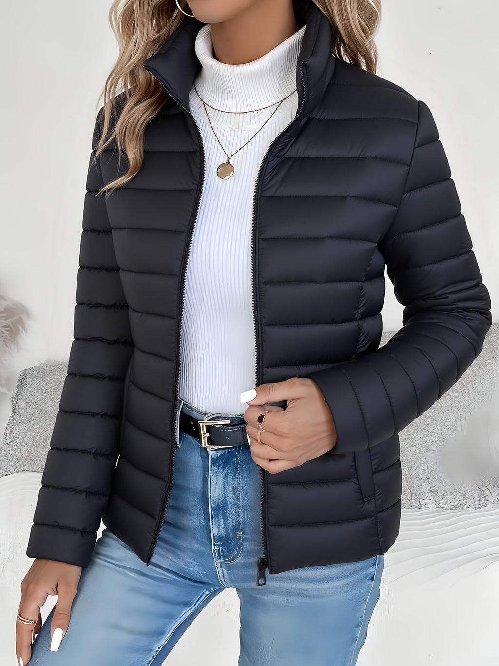 Lightweight Winter Coat Stand Collar Quilted Refined