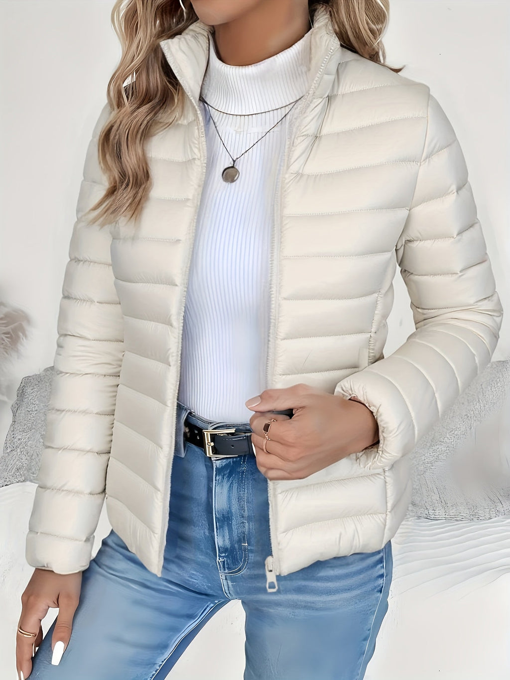 Lightweight Winter Coat Stand Collar Quilted Refined