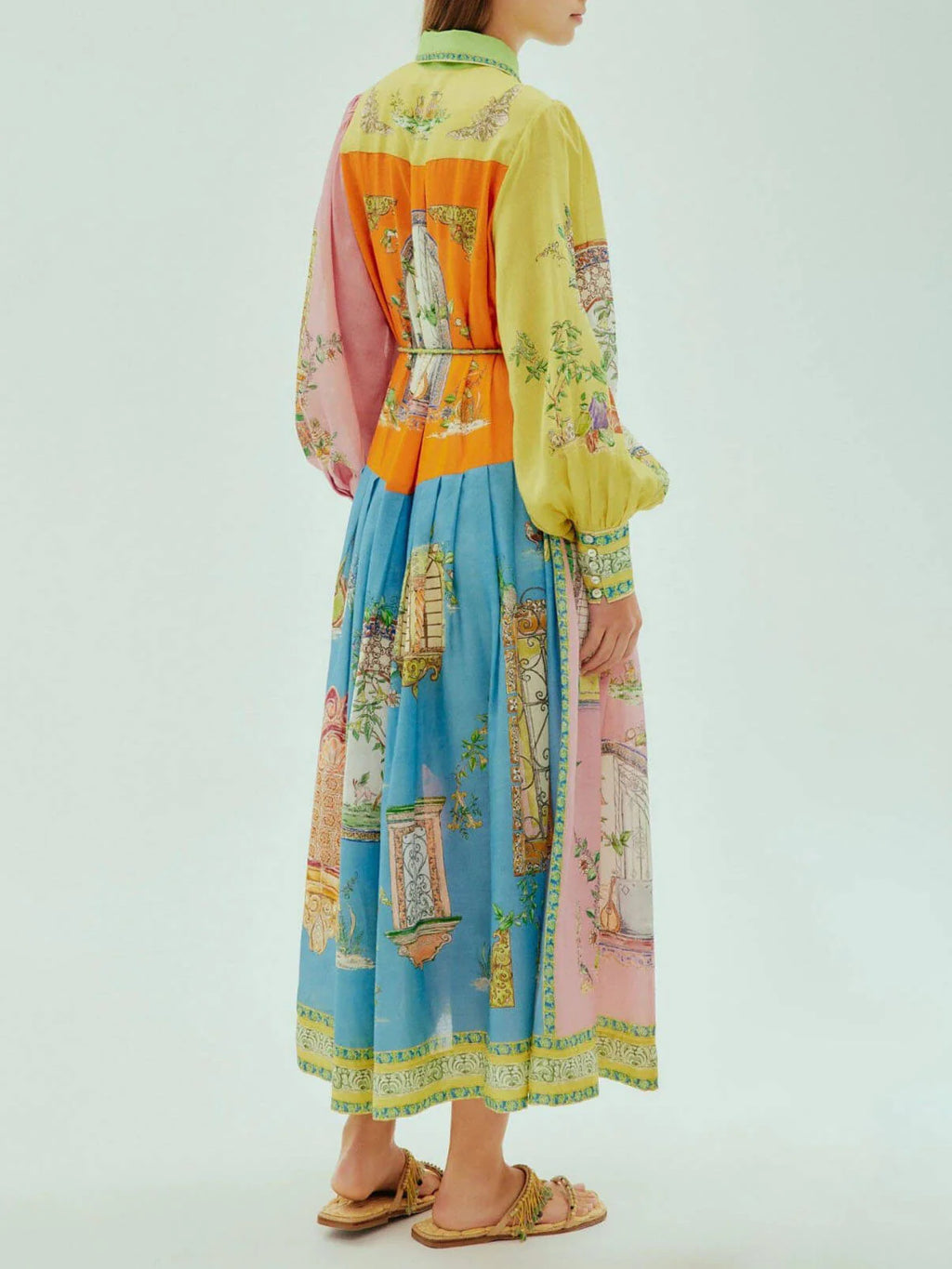 Button Down Garden Print Long Sleeve Midi Shirt Dress