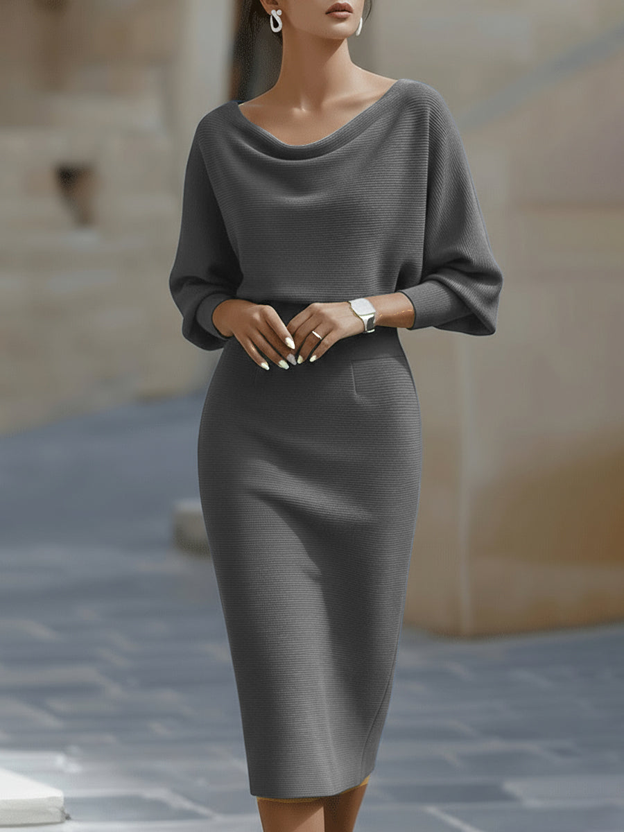 Boat Neck Batwing Sleeve Midi Bodycon Dress