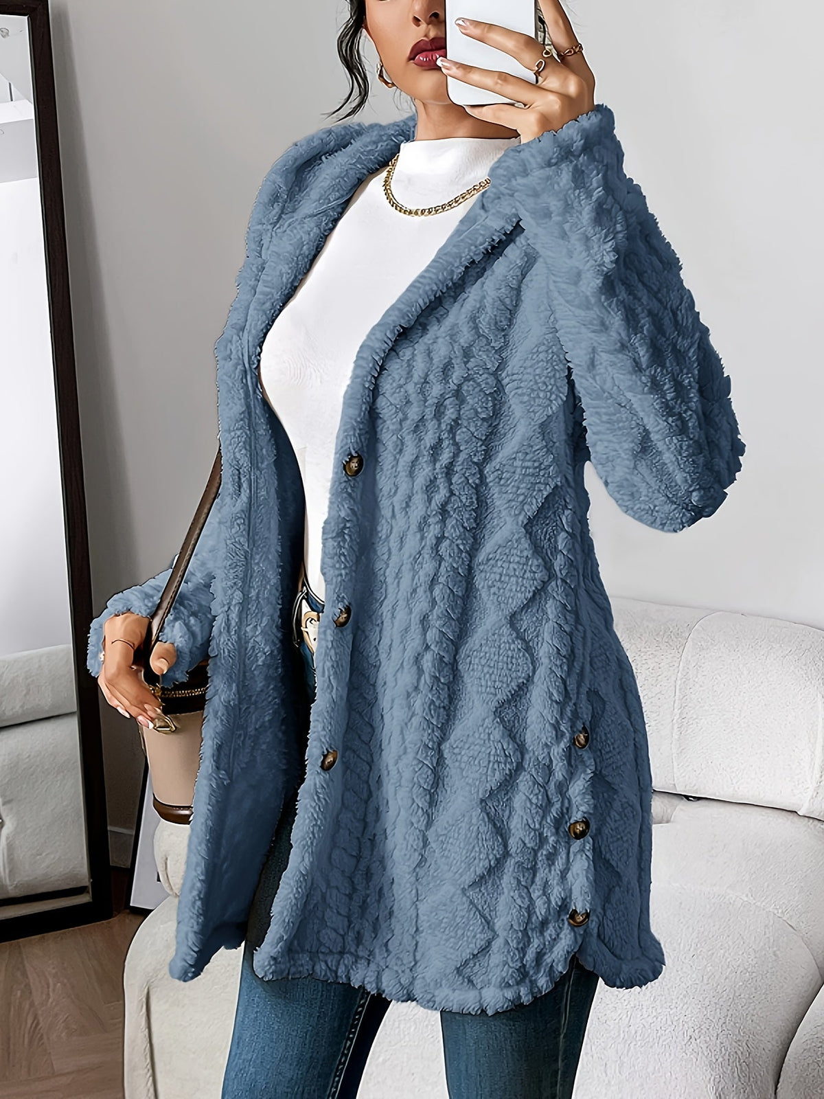 Plush Hooded Cardigan Fleece Open Front Long Sleeve Winter