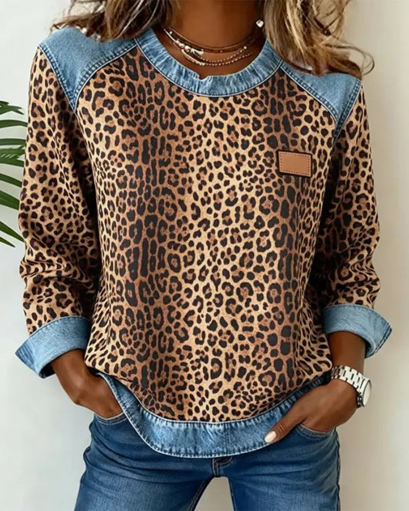 Women's Jumper Patchwork Leopard Print Denim Look Knit
