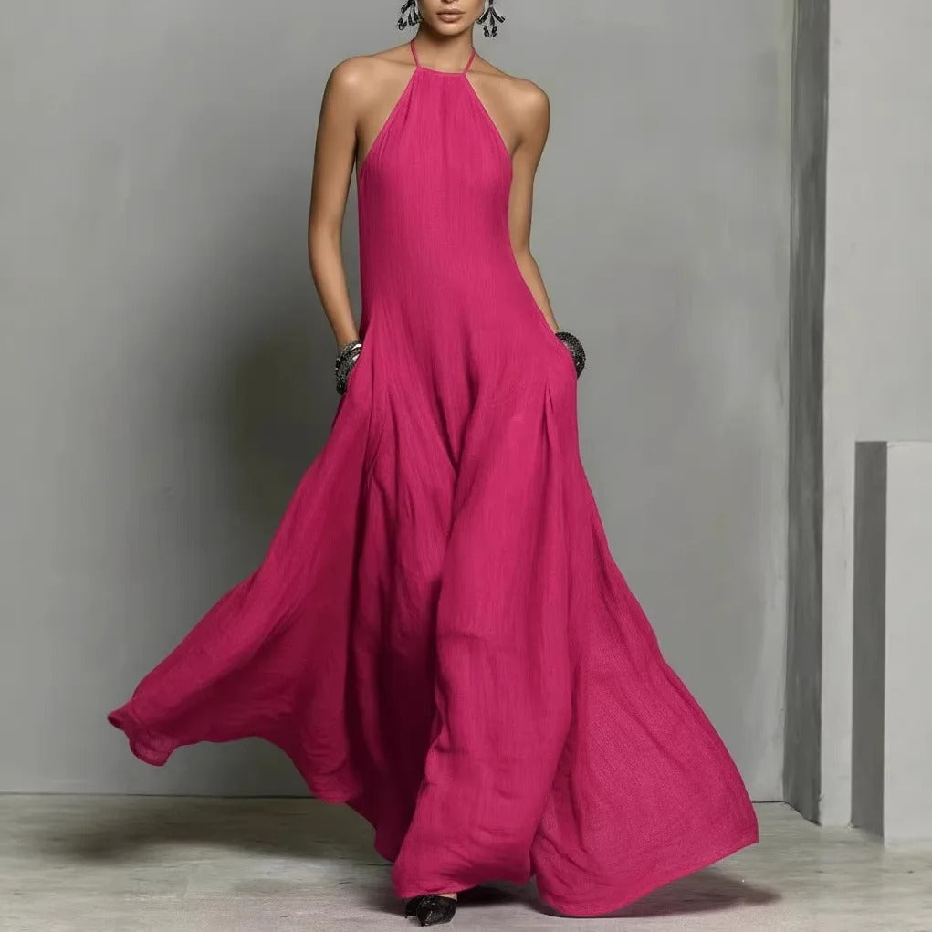 Halter Neck Sleeveless Linen Blend Maxi Dress
