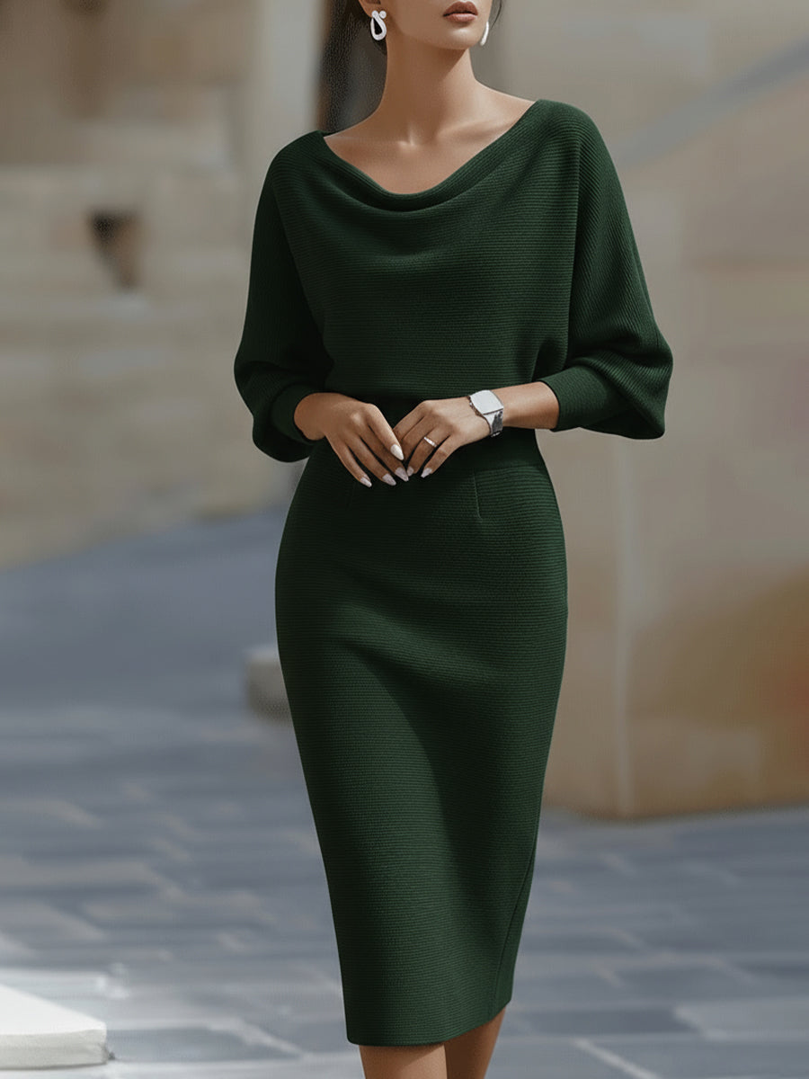 Boat Neck Batwing Sleeve Midi Bodycon Dress