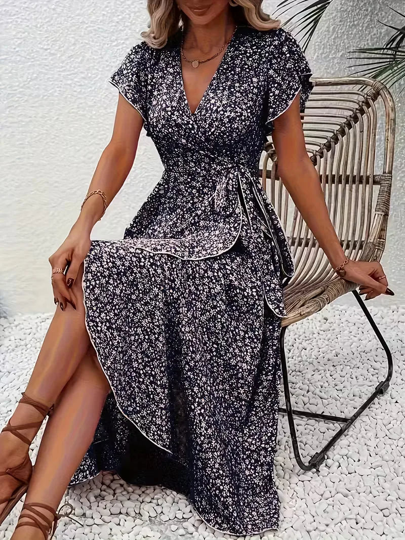 Floral Wrap Dress V Neck Short Sleeve Asymmetric