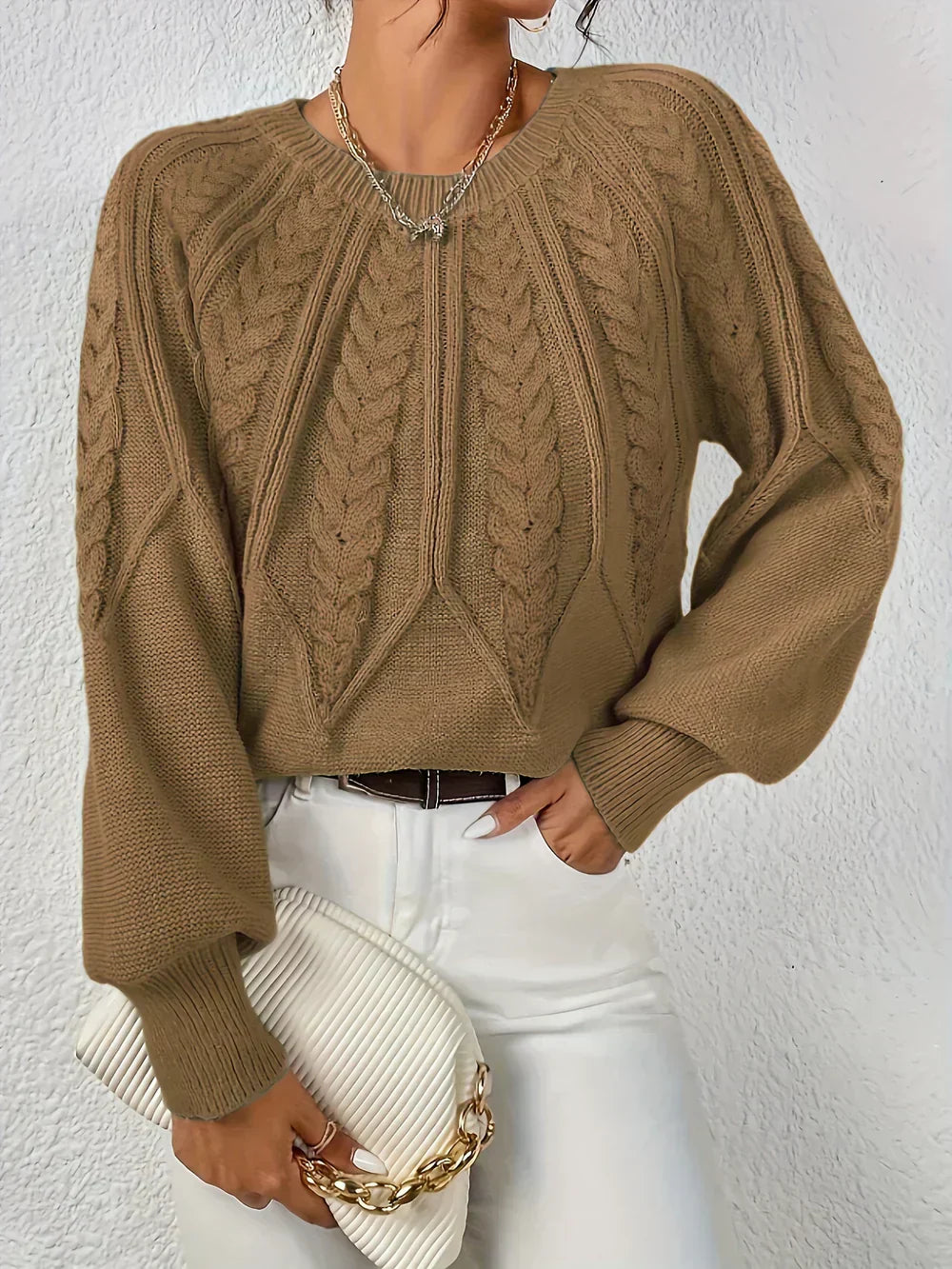 Cable Knit Jumper Relaxed Fit Round Neck Long Sleeve Winter