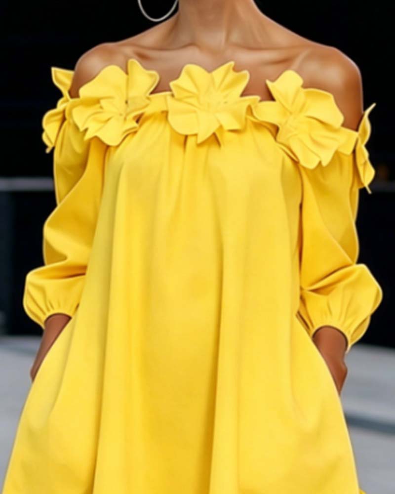 Rhoda Bennett and Lowe off-shoulder floral appliqué dress for women, featuring a feminine design and delicate floral details.