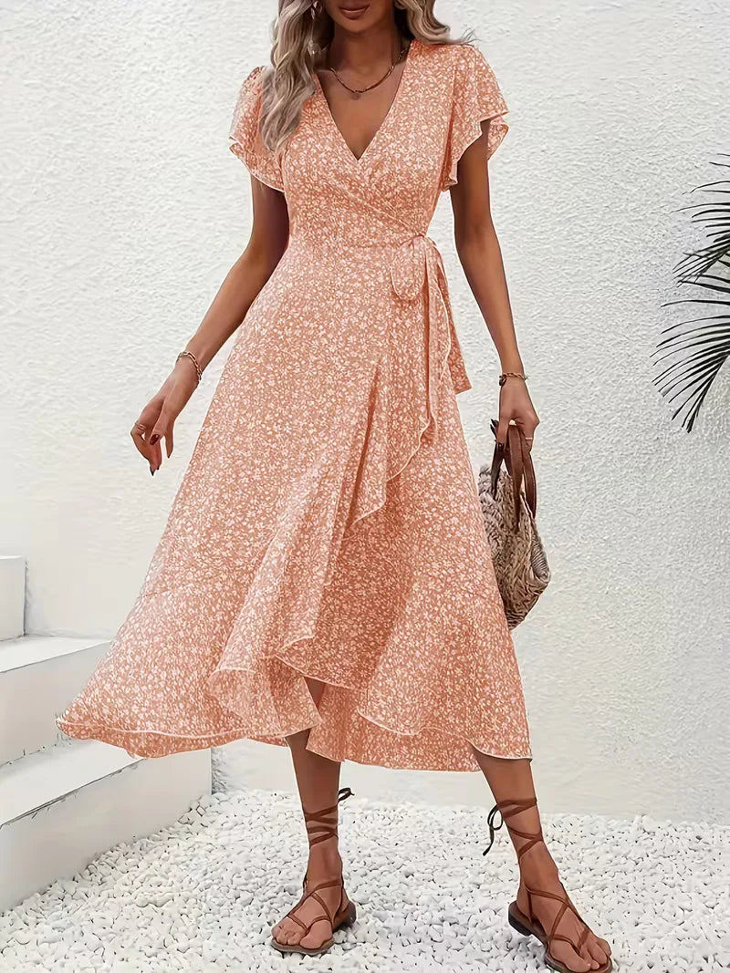 Floral Wrap Dress V Neck Short Sleeve Asymmetric