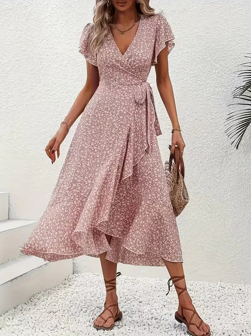 Floral Wrap Dress V Neck Short Sleeve Asymmetric