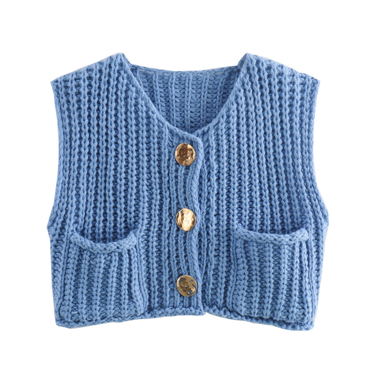 Women's Knit Waistcoat Sleeveless Gold Button Layering