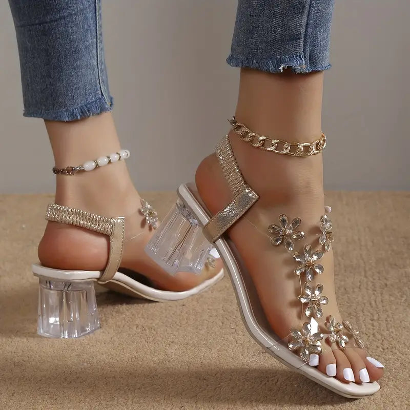 Rhinestone Block Heel Sandals Cushioned