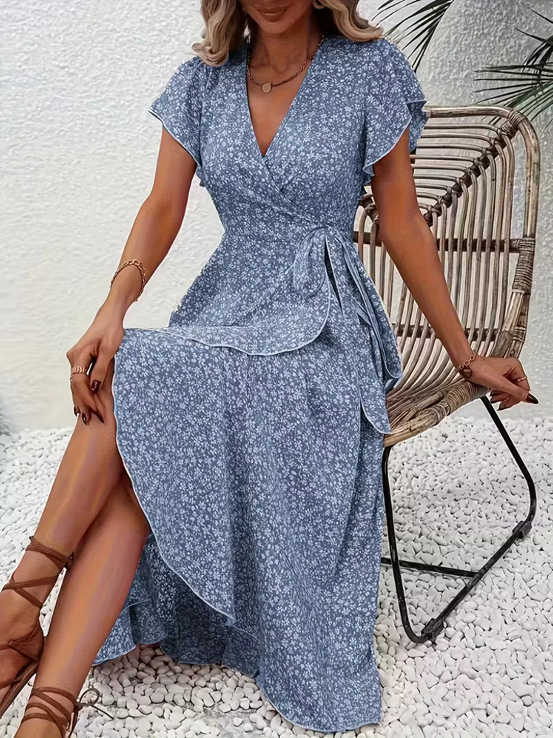 Floral Wrap Dress V Neck Short Sleeve Asymmetric
