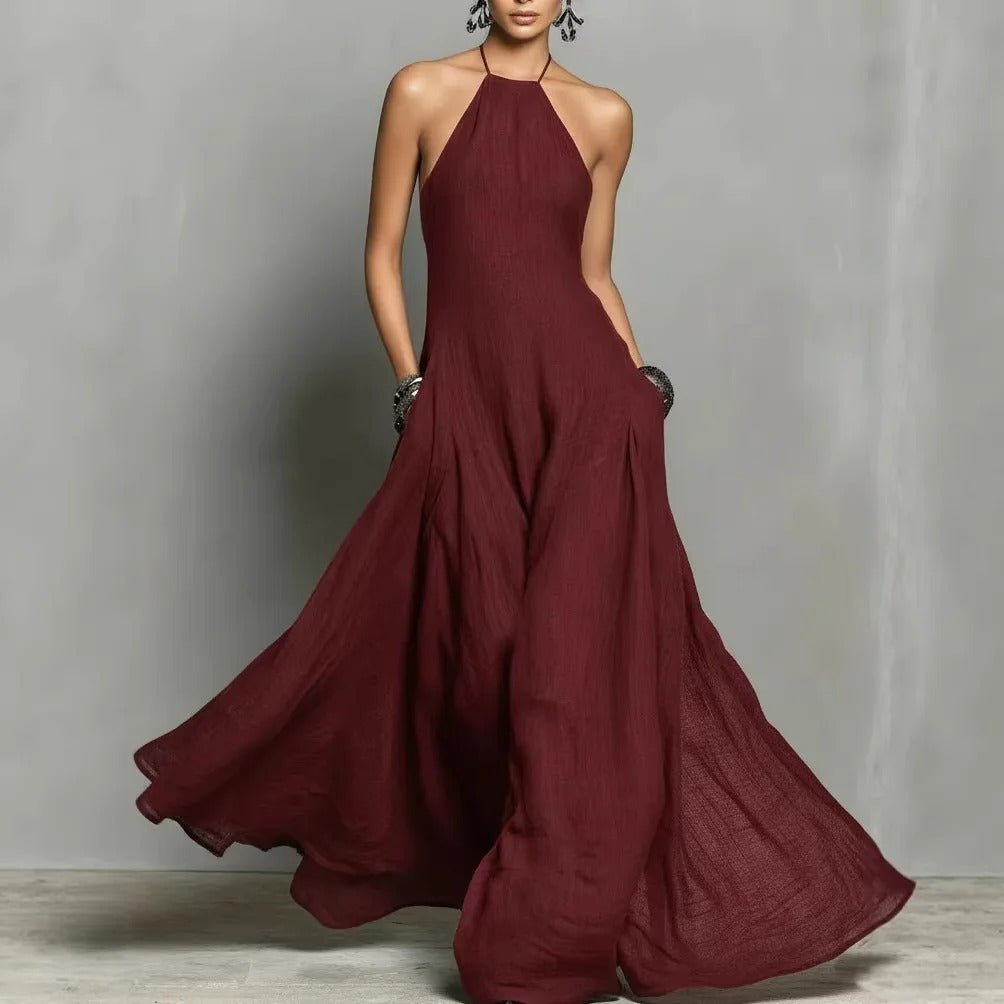 Halter Neck Sleeveless Linen Blend Maxi Dress