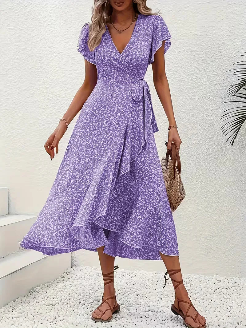 Floral Wrap Dress V Neck Short Sleeve Asymmetric