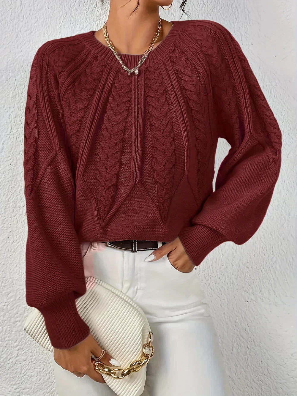 Cable Knit Jumper Relaxed Fit Round Neck Long Sleeve Winter