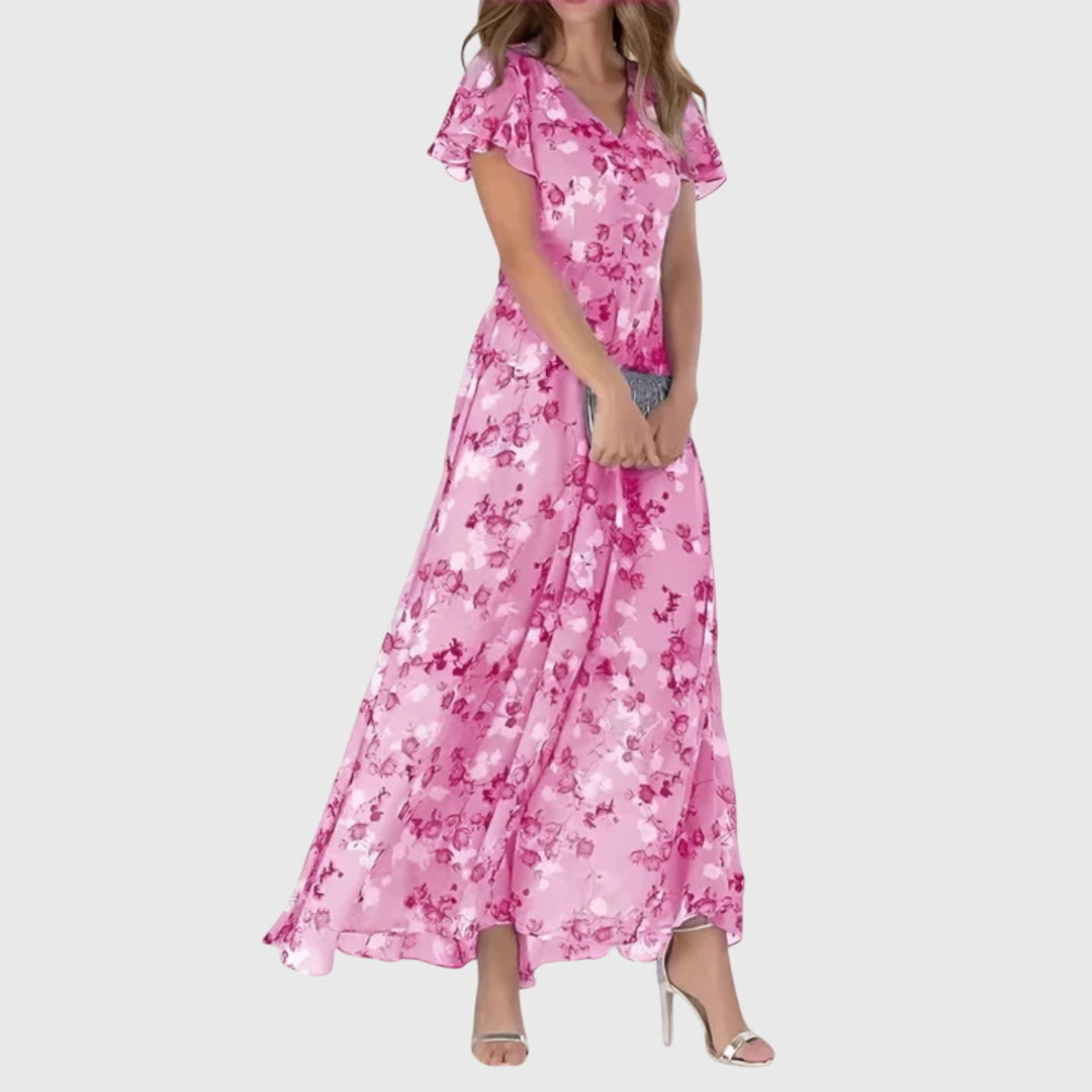 Floral V-Neck Maxi Dress Short Sleeve