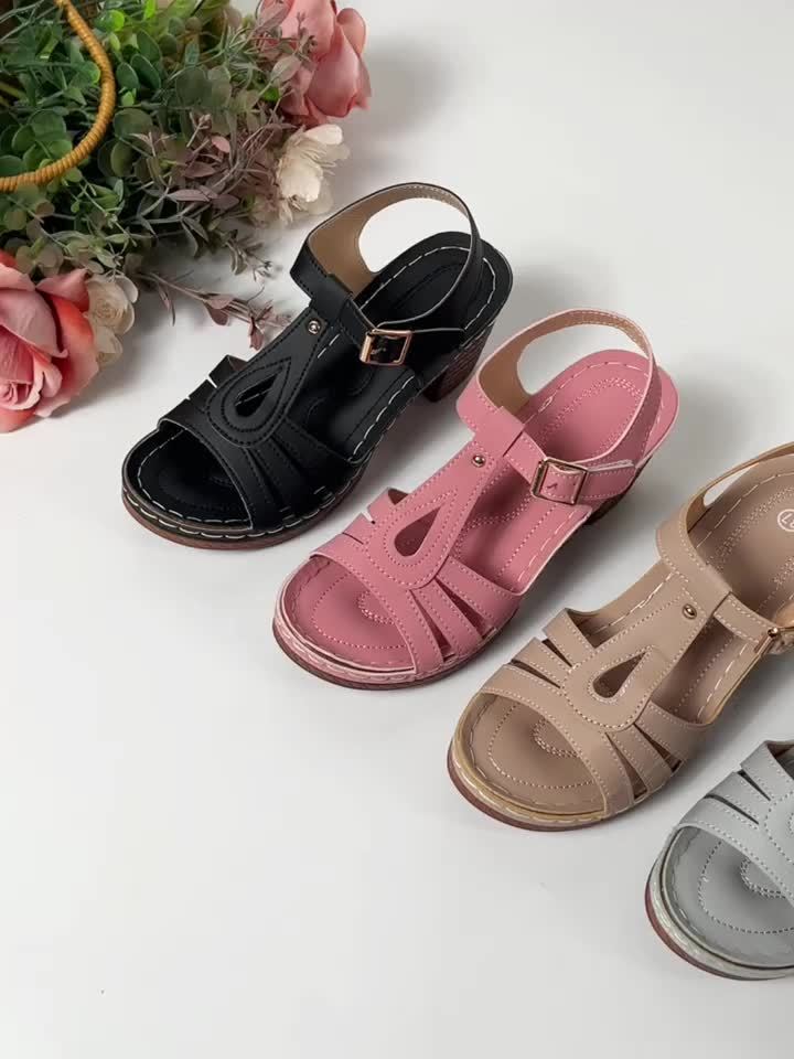 Vintage Block Heel Sandals Ankle Strap Cushioned