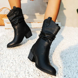 Leather Western Cowboy Boots Pointed Toe Block Heel