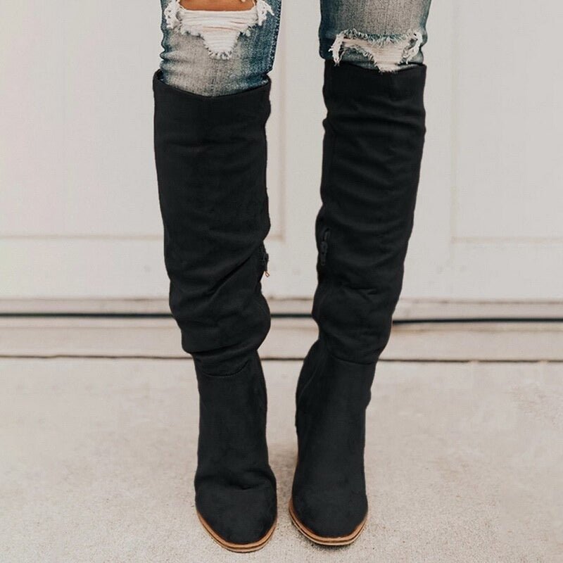 Suede Knee High Boots Slouchy Cognac Brown Block Heel