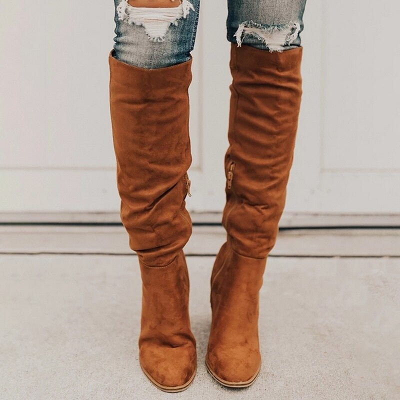 Suede Knee High Boots Slouchy Cognac Brown Block Heel