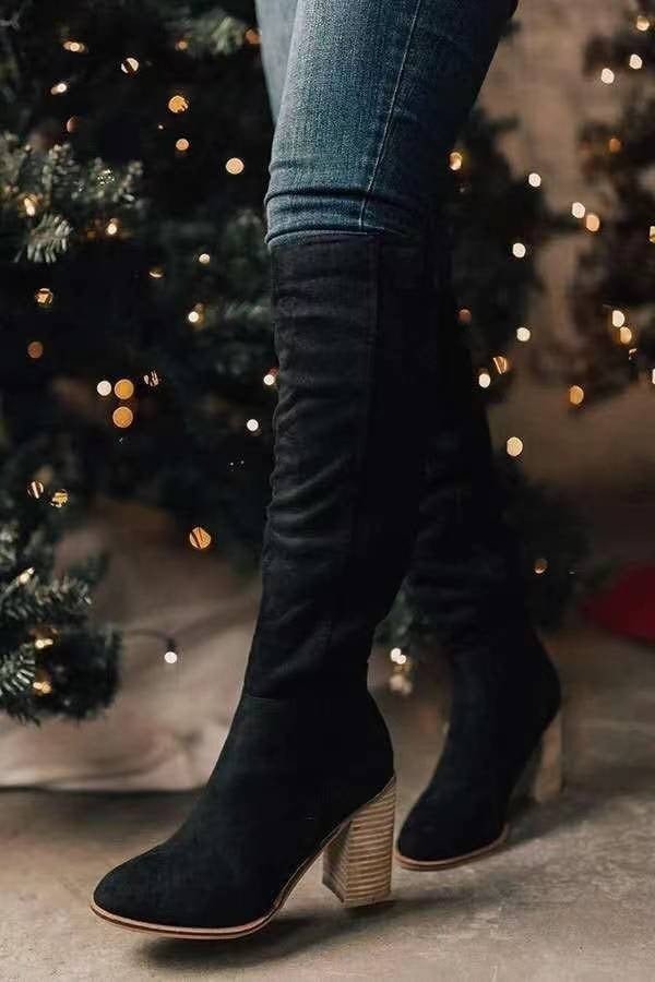 Suede Knee High Boots Slouchy Cognac Brown Block Heel