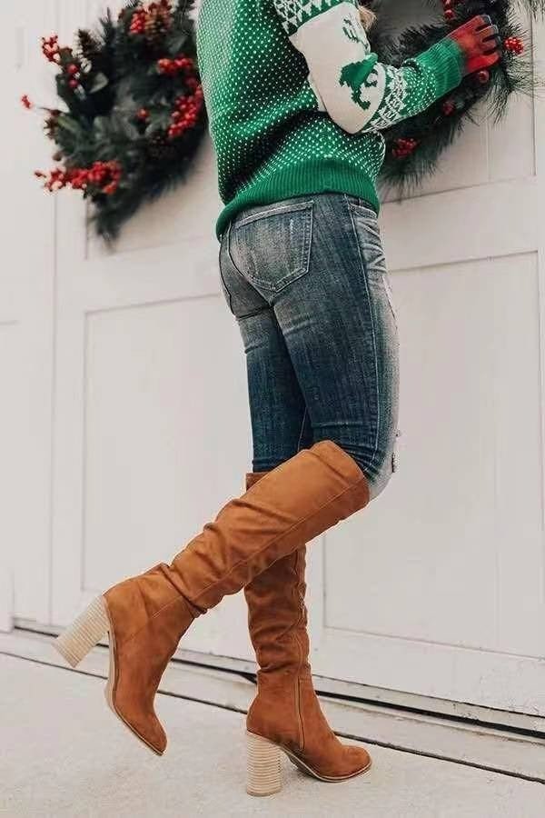 Suede Knee High Boots Slouchy Cognac Brown Block Heel