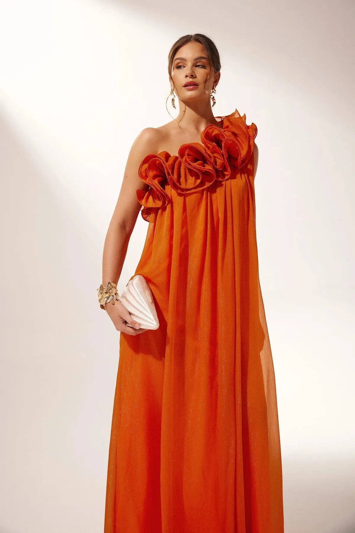 One Shoulder Maxi Dress Floral Chiffon Flowing Wedding Guest Summer