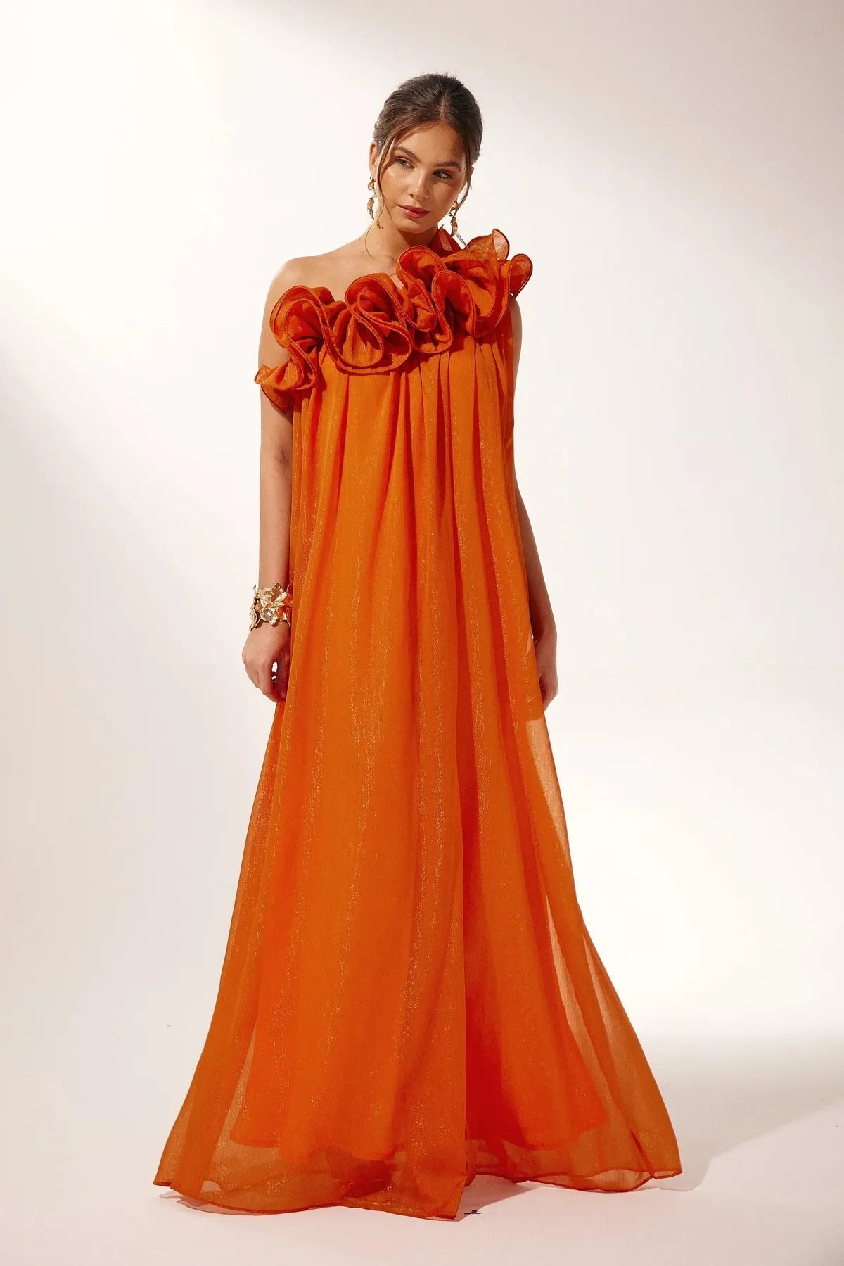 One Shoulder Maxi Dress Floral Chiffon Flowing Wedding Guest Summer