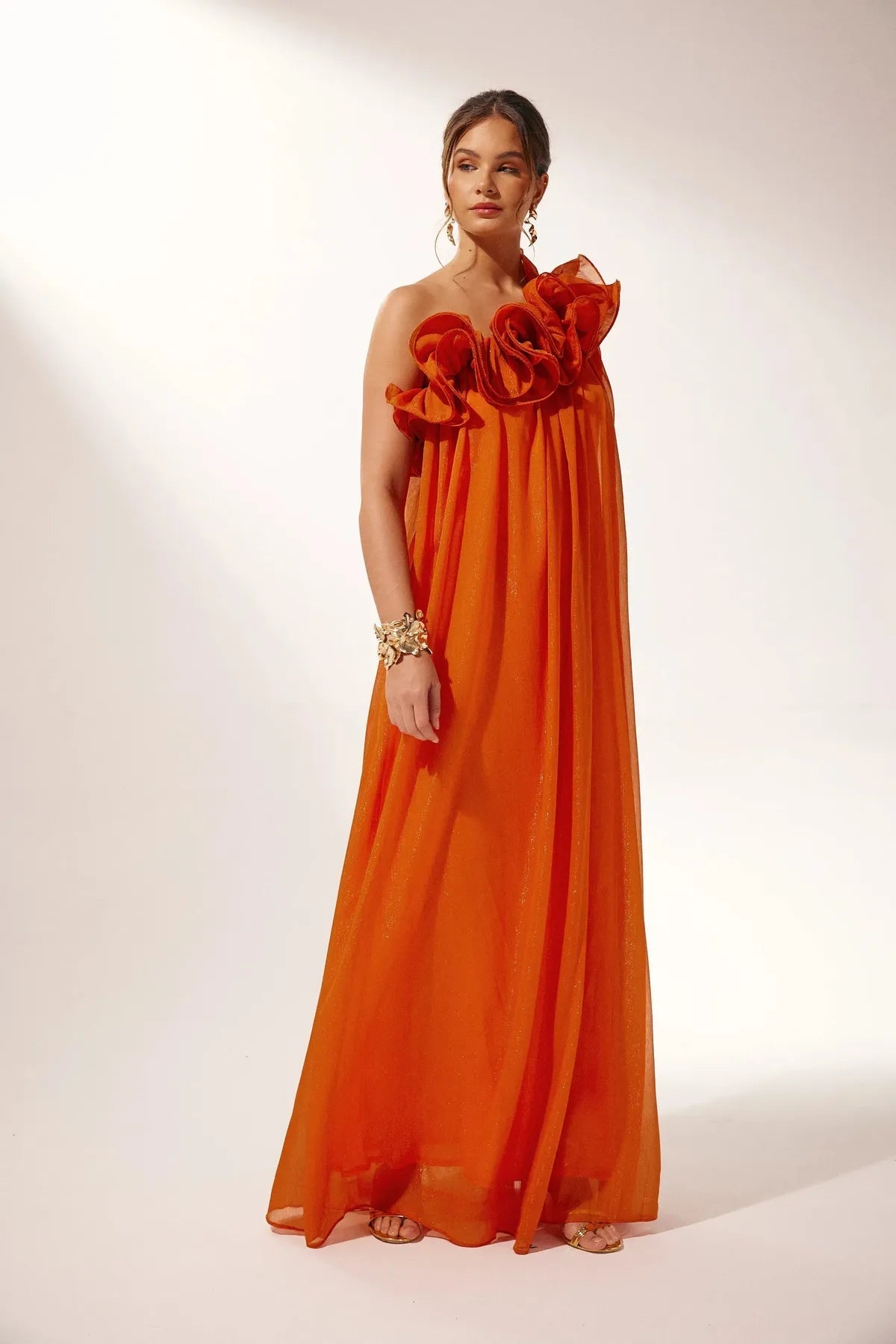 One Shoulder Maxi Dress Floral Chiffon Flowing Wedding Guest Summer