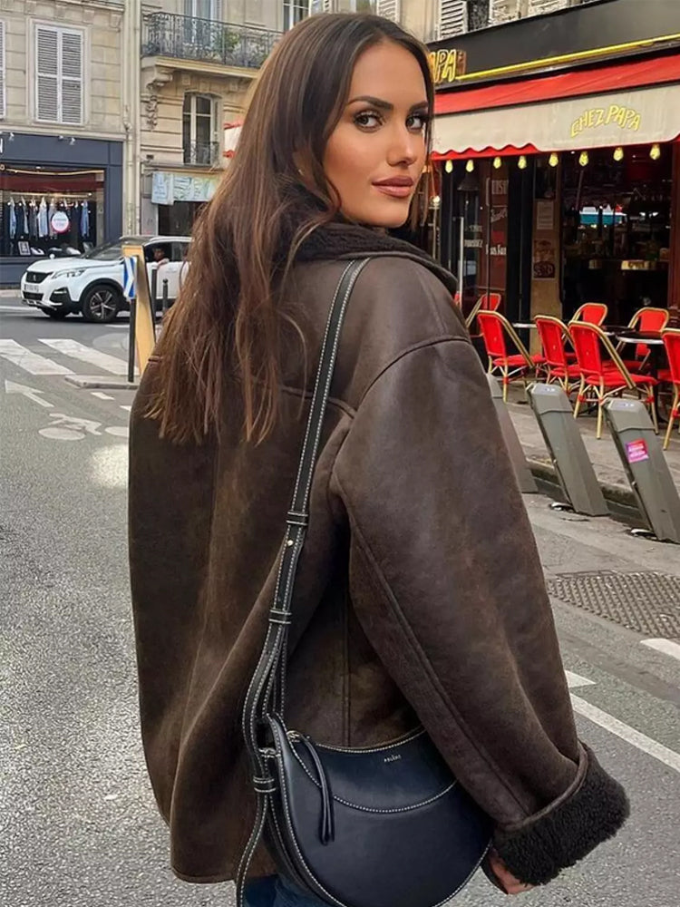 Women's Oversized Jacket Faux Fur Collar Faux Leather Winter
