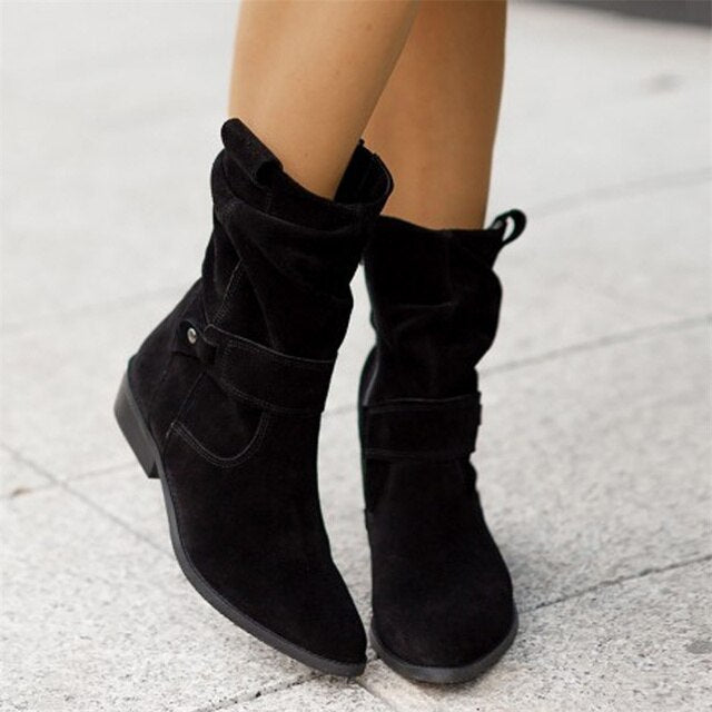 Suede Ankle Boots Slouchy Western Mid Calf Wooden Heel