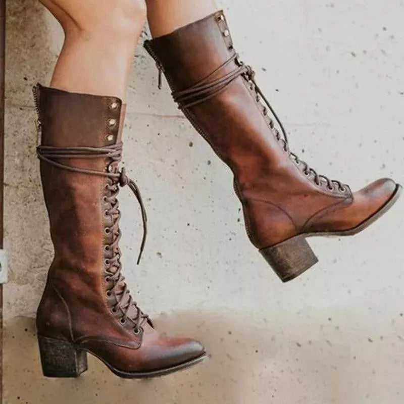 Lace Up Knee High Boots Leather Chunky Heel Vintage Autumn