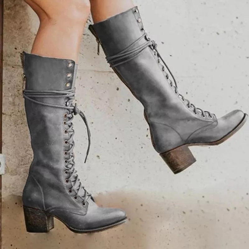 Lace Up Knee High Boots Leather Chunky Heel Vintage Autumn