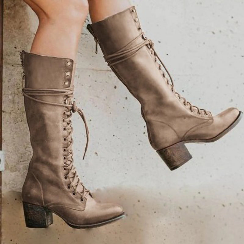 Lace Up Knee High Boots Leather Chunky Heel Vintage Autumn