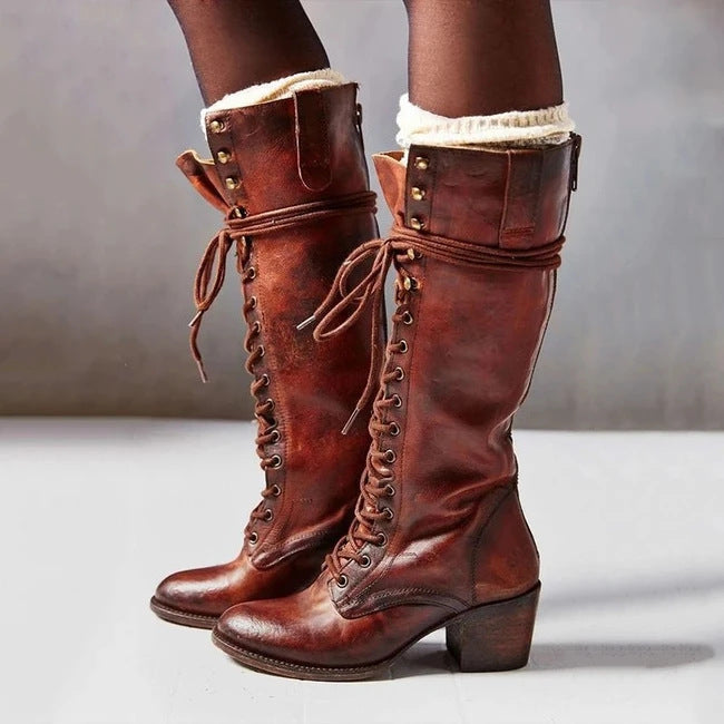 Lace Up Knee High Boots Leather Chunky Heel Vintage Autumn